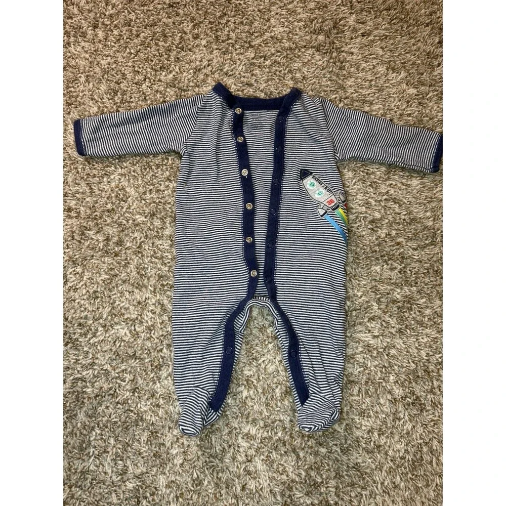 Carter's Baby Boy 3M Footed Sleeper Pajamas Navy White Stripes Rocket Ship
